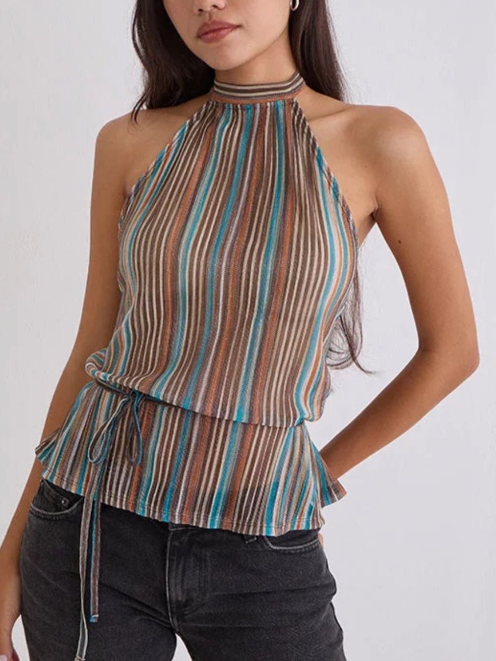 Motel Rocks Striped Halter Top in Brown and Teal